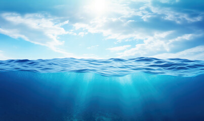 Poster - Underwater scene with sun rays and sea water surface. High quality photo