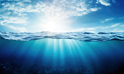 Poster - Underwater scene with sun rays coming out of the water surface. High quality photo