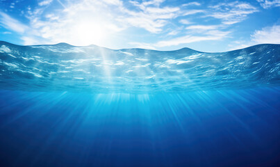 Poster - Underwater view of sea surface with sunbeams and blue sky. High quality photo