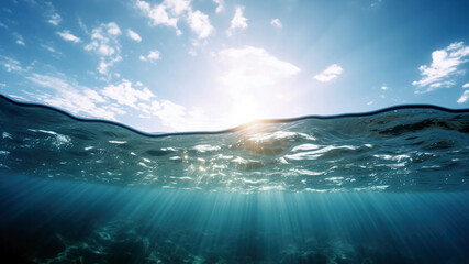 Poster - Underwater view of sea water surface with sun rays and blue sky. High quality photo