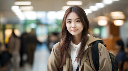 Wall Mural - Outdoor portrait of cheerful asian  female student with backpack and workbooks standing near college building, looking at camera and smiling