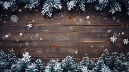 Wall Mural - Christmas wooden background with , snowflake, snow fir tree, snow balls and cones. Top view with copy space for your text mock-up flat lay