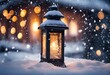AI generated illustration of An illuminated lantern in the foreground of a winter scene