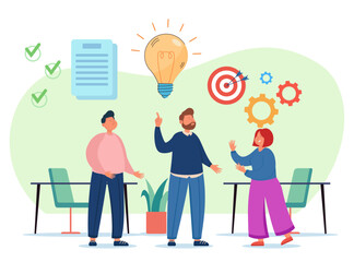Poster - Business team working on startup project. Flat vector illustration. New idea, goal symbols on background. Innovation concept
