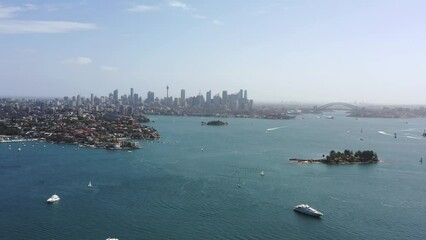 Canvas Print - Rose bay and shark island on Sydney Harbour in Australia – aerial 4k flying.
