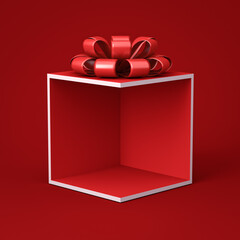 Aufkleber - Blank display red corner gift box mockup stand with red ribbon bow isolated on dark red background minimal conceptual 3D rendering