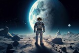 Fototapeta Do pokoju - futuristic astronaut standing and walking on the moon with, Generative AI