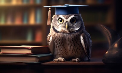 Wise owl wearing graduation cap and glasses against a stack of books on a table in a library among the shelves,  Generative AI