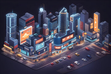 Flat illustration isometric style city night view