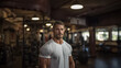 © Shubby Studio - a handsome white american athlete bodybuilder with healthy muscular body standing with a tank top shirt in a gym. blurry fitness gym in the background. Generative AI