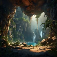 A Pristine Rock Pool Lies Within An Untouched Cave Ecosystem. A Scenic View Of Lush Forest, With A Hidden Cave Behind It.