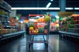 Fototapeta  - Shopping cart in grocery store full of fruits and vegetables. Generative AI