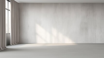 Wall Mural - Blank white large concrete texture wall, beige blackout curtain window in sunlight on gray polished cement floor empty room for interior design decoration, house renovation, Generative AI