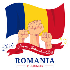 Wall Mural - Vector graphic of Romania Independence Day for greeting card with clenched fist, fireworks and ribbon
