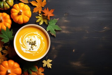 creamy pumpkin soup with cream in a bowl