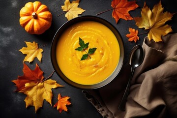 Canvas Print - creamy pumpkin soup with cream in a bowl