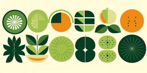  Abstract geometric food pattern. Natural fruit plants simple shape, eco agriculture concept.  minimal illustration, Generative AI