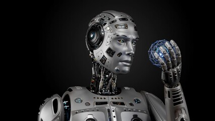 Very detailed futuristic robot man or humanoid cyborg holds a mysterious rotating sphere with blue light ball inside. 3d rendering animation isolated on black background with alpha