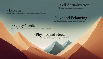 maslow's hierarchy with rising rock hill such as physiological, safety, love, belonging, self, actualisim, breathing, food, water, sex, sleep, homeostasis, excretion, employment, resources	