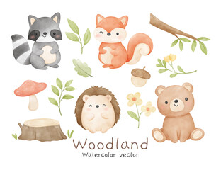 woodland animal watercolor decoration nursery birthday kids print for invitation card poster templat