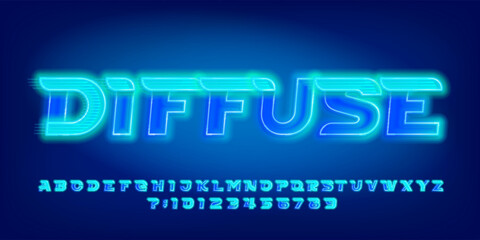 Poster - diffuse alphabet font. blue neon letters and numbers with a speed effect. stock vector typeface for 