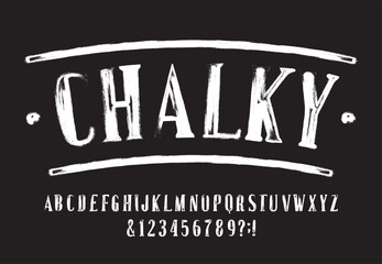 Poster - Chalky alphabet font. Vintage serif letters, numbers and symbols. Stock vector typeface for your design.