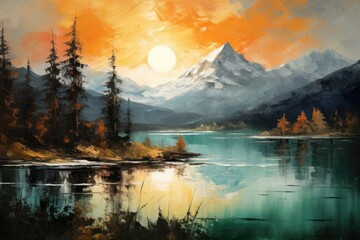 Wall Mural - A Vibrant Symphony of Colors: Sunset Over the Serene Lake