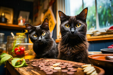 Wall Mural - Two black cats sitting next to each other on table.