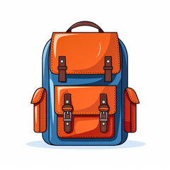 Poster - Blue and orange backpack with brown handle on it.