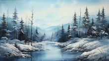 An Abstract Watercolor Background Of A Serene Winter Scene, With Soft Washes Of Color Suggesting Snow-covered Landscapes And Pine Trees, Blending Traditional Holiday Motifs With Artistic Expression