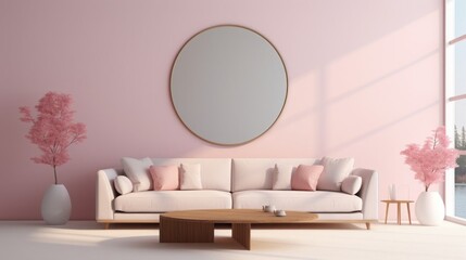  living room render, realistic warm minimalistic style ,pale pink decoration white walls, copy space, 16:9