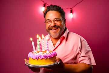 Sticker - Man holding cake with lit candles on it.