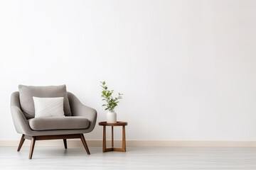 Bright living room in minimalist interior design with armchair and house plant, empty white wall space for mock up, copy space