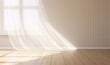 Blowing white sheer curtain, window, sunlight on blank vertical beige brown stripe wallpaper wall, parquet floor for interior design decoration, air flow ventilation home product, Generative AI