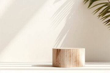 Wall Mural - Minimal, natural log wood podium table in sunlight, palm leaf shadow in blank cream white wall, floor for modern luxury beauty, cosmetic, organic, nature, fashion product display, Generative AI