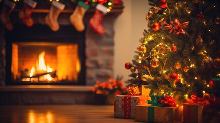 Sticker - A christmas tree with presents in front of a fireplace. Generative AI.