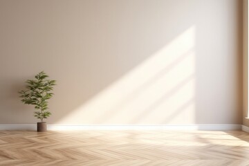 Wall Mural - Empty luxury room with beige white wall in dappled sunlight from window, tree leaf shadow on wood chevron parquet for luxury interior design, decoration, home appliance  background, Generative AI