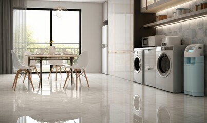 Clean gray marble tile floor in contemporary design kitchen with dining table, trolley, chair, white frame, reeded glass panel folding door partition to laundry room in background, Generative AI