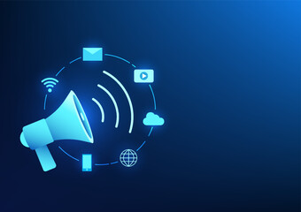 Poster - E-commerce business technology Big megaphone with social icons It means expanding marketing for product brands to be known and attract as many customers as possible to increase sales.