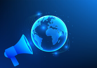 Poster - E-commerce business technology A large megaphone turned to a globe. It represents marketing to promote products to the world. To attract customers and increase product sales around the world.