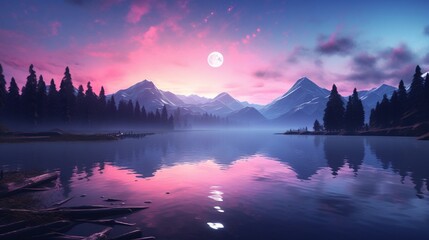 Wall Mural - A serene evening scene at a high-altitude lake, with the sky transitioning from blue to pink and purple hues, reflecting in the still water.