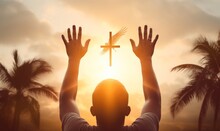Man Hands Palm Up Praying And Worship Of Cross, Eucharist Therapy Bless God Helping, Hope And Faith, Christian Religion Concept On Sunset Background, Generative AI