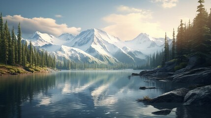 Wall Mural - A serene mountain lake at dawn, with mist rising from the water, surrounded by pine trees and distant snow-capped peaks in soft morning light.