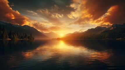 Wall Mural - A sunset view over a mountain lake, with the sun casting golden hues on the water and silhouetting the surrounding mountain range.