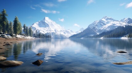 Wall Mural - A tranquil mountain lake in early spring, with melting snow patches around and reflecting a clear blue sky in its still waters.