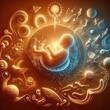 A vivid and colorful digital art piece featuring a human fetus within cosmic and biological symbols
