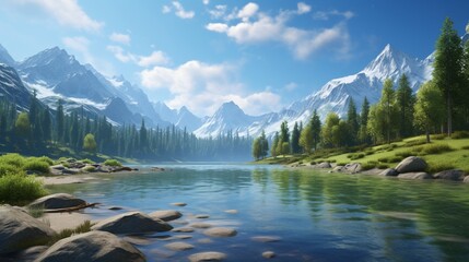 Wall Mural - A vast mountain lake in a valley, with a wide panoramic view of the surrounding forested mountains and a clear, sunny sky.