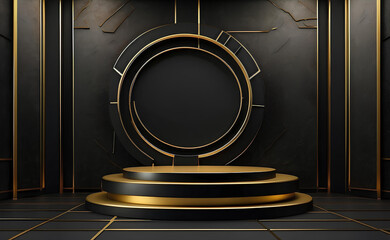 Wall Mural - Luxury modern black and gold podium for product display presentation.