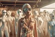 Clothes mannequin party in sunlight. Store clothing warehouse with naked female dummies. Generate ai