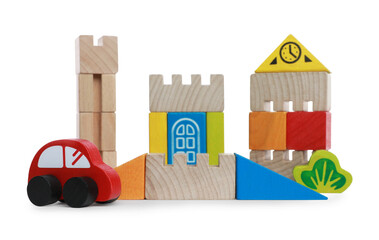 Wall Mural - Game of building blocks isolated on white. Educational toy for motor skills development